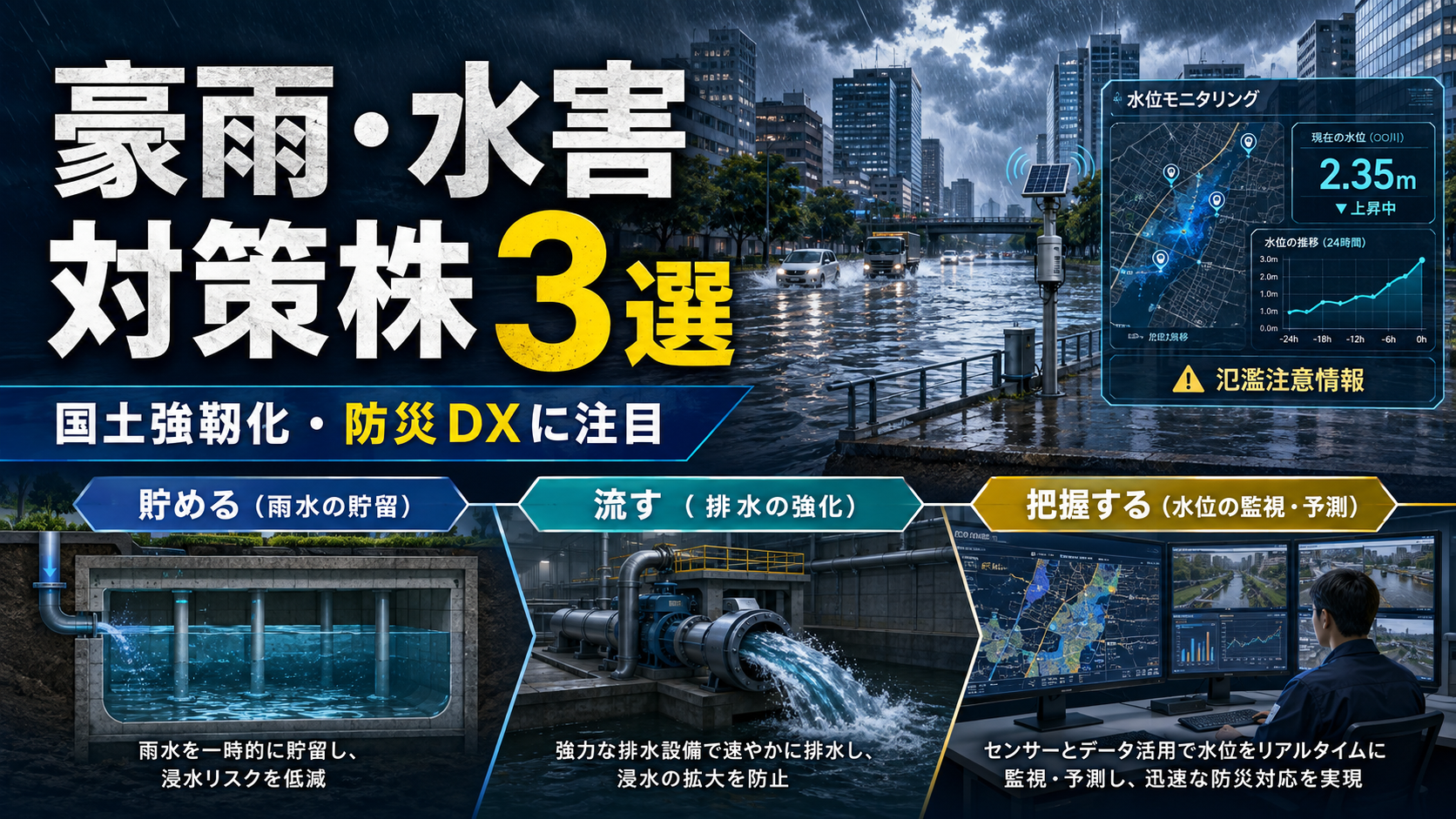 豪雨関連株は一過性じゃない？防災DX・下水道更新で見る注目3銘柄