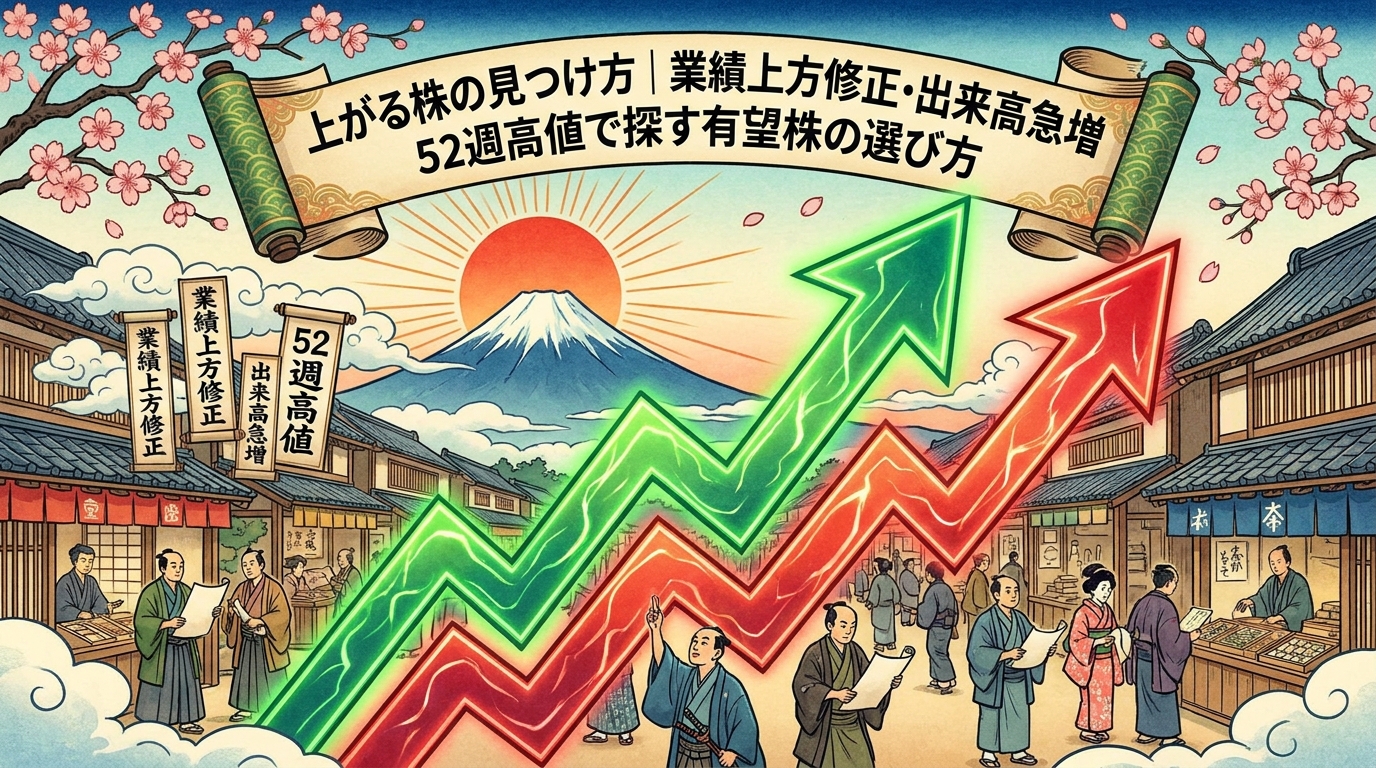 上がる株の見つけ方|業績上方修正・出来高急増・52週高値で探す有望株の選び方