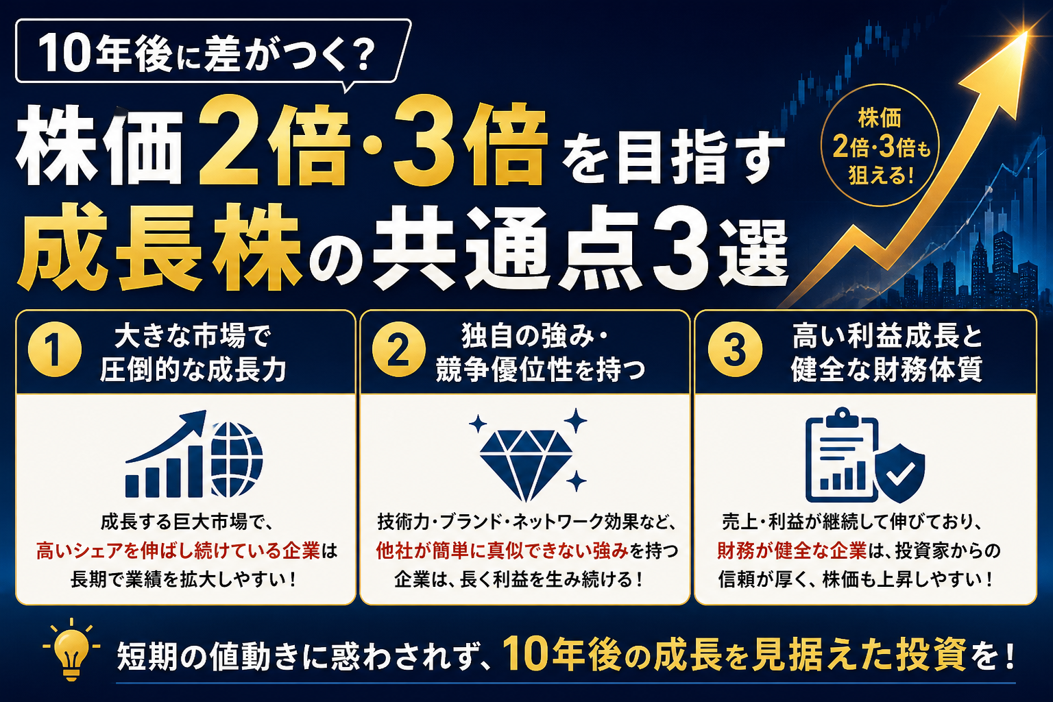 10年後に差がつく?株価2倍・3倍を目指す成長株の共通点3選