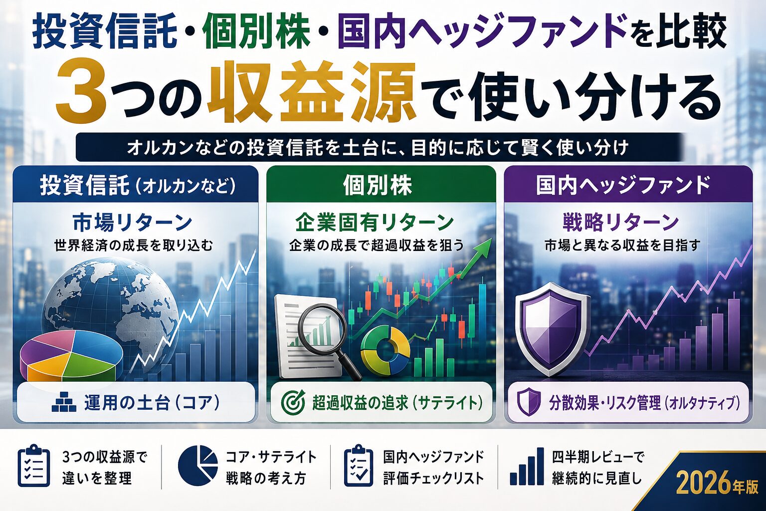投資信託か個別株か？国内ヘッジファンドまで含めて収益源を比較